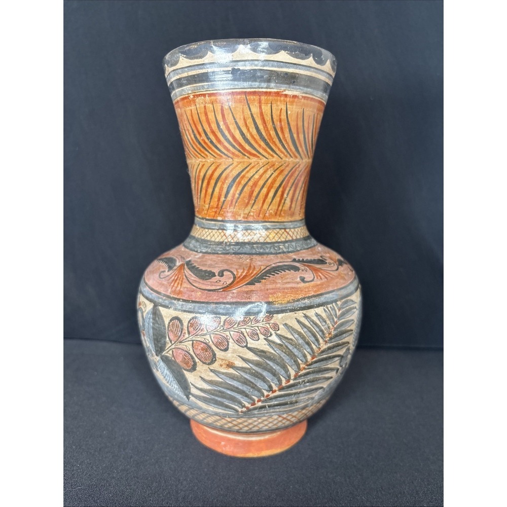 Vtg‎ Folk Art Mexican Pottery Handmade/Painted Gourd Style Vase Leaves